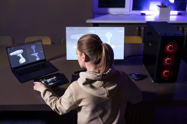 Girl sitting behind a laptop and a screen