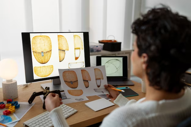 A woman sits at a computer and holds a drawing in her hands